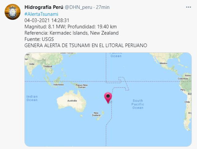 Publicación de alerta de tsunami de la MGP. Foto: TW Hidrografía Perú