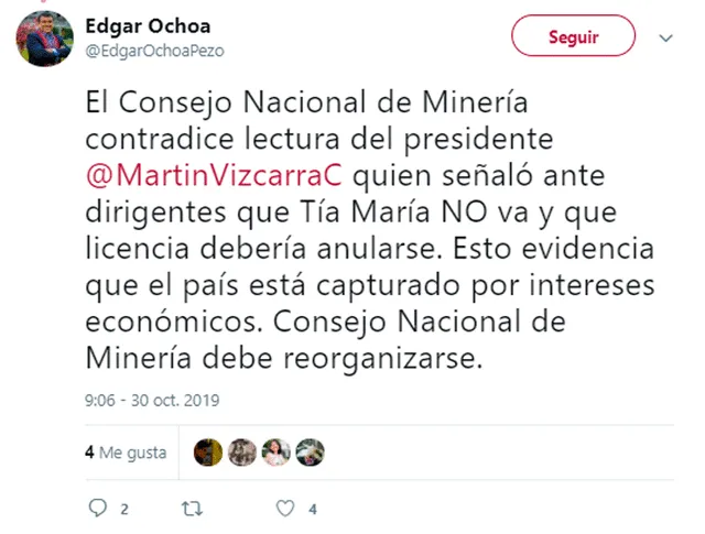 Excongresista de Nuevo Perú se pronuncia sobre decisión del Consejo Nacional de Minería sobre Tía María.