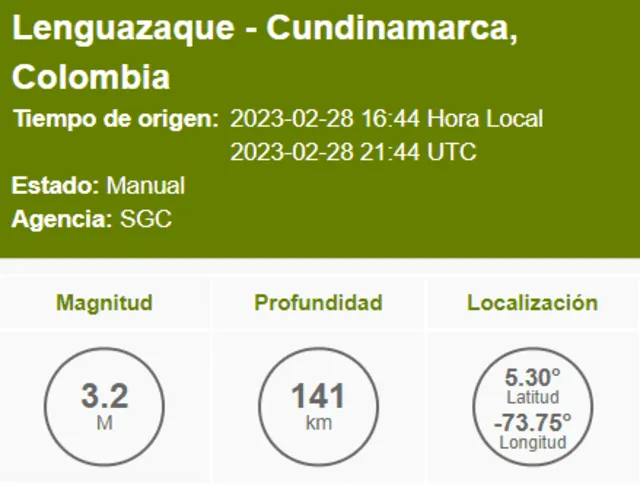  Último temblor de hoy en Colombia. Foto: SGC    