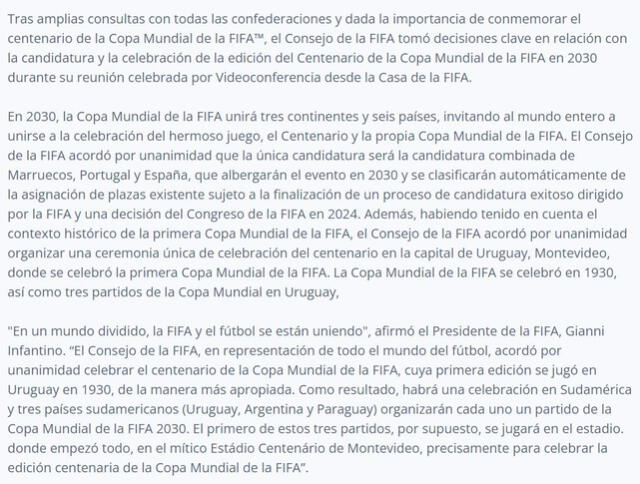 Comunicado de la FIFA. Foto: FIFA. 