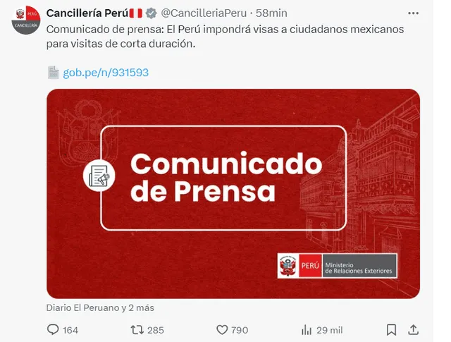 Comunicado de la Cancillería de Perú. Foto: captura/X   