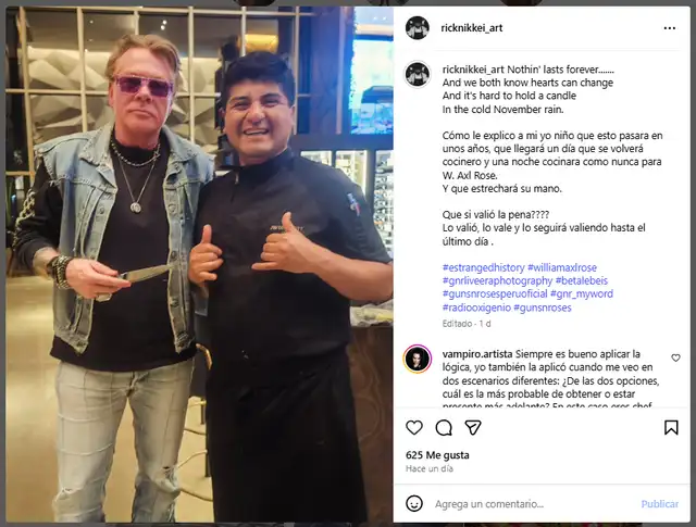 Publicación actual del joven chef que logró tomarse una fotografía con Axl Rose.   