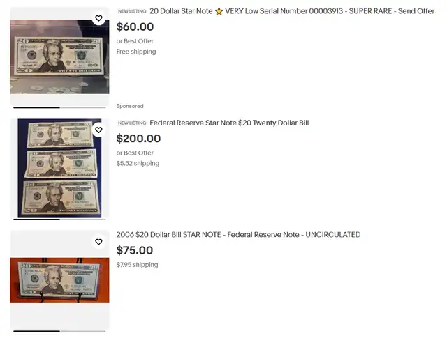 Billetes de dólar Star Note vendidos en eBay