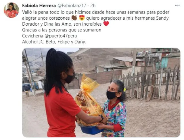 El mensaje de Fabiola Herrera tras entrega de víveres a personas de bajos recursos. Foto: Fabiola Herrera - Twitter.