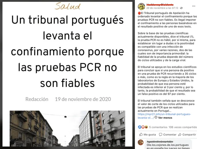 Publicación asegura que un tribunal portugués levanta el confinamiento "porque las pruebas PCR no son fiables". Foto: captura de Facebook.