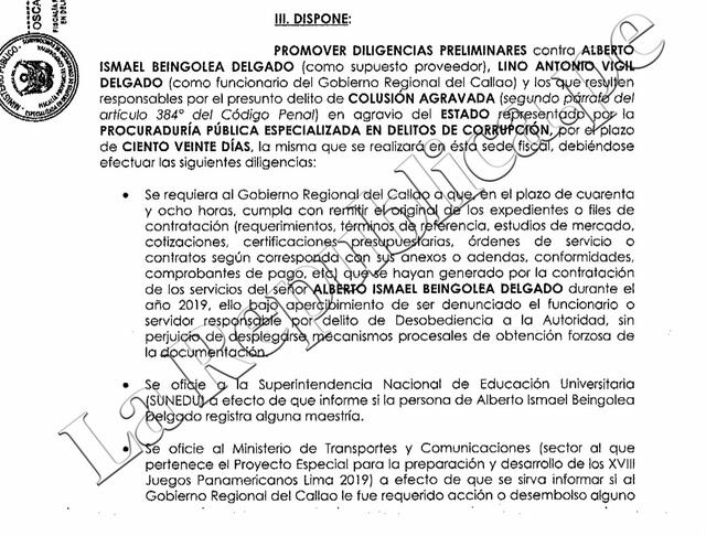 Disposición fiscal de investigación contra Alberto Beingolea. Foto: La República.