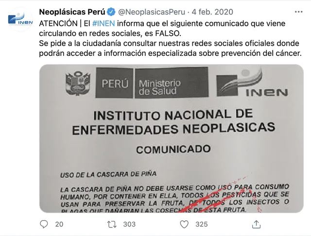 Foto: captura en Twitter / @NeoplasicasPeru Foto: captura en Twitter / @NeoplasicasPeru