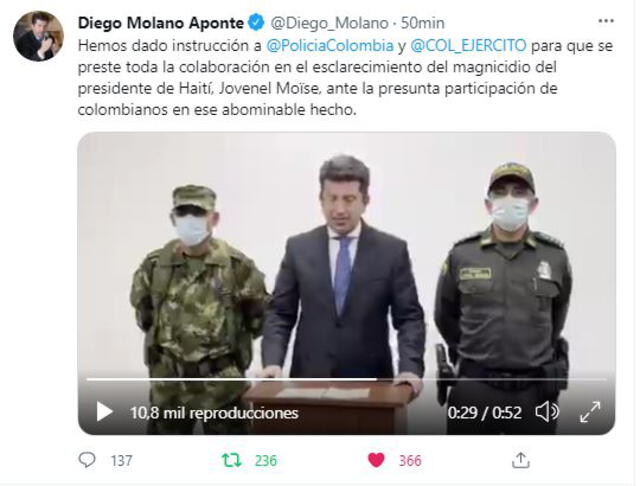 Publicación del Ministro de Defensa de Colombia, Diego Bolano Aponte, en Twitter. Foto: captura Twitter