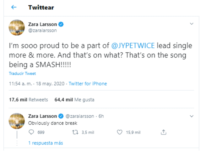 Zara Larsson confirma su participación con la canción principal de TWICE, 'More & More'. Captura Twitter, 18 de mayo 2020.