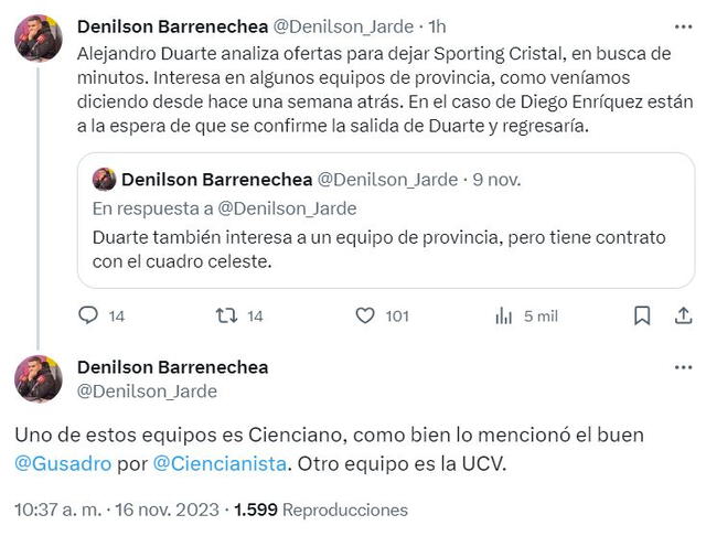 Tuit de Denilson Barrenechea sobre Alejandro Duarte. Foto: captura de X   