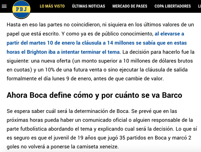 Situación de Valentín Barco en Boca Juniors. Foto: captura web de Planeta Boca   