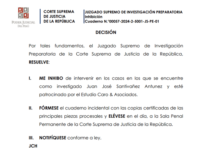 Auto de inhibición presentado por el juez supremo. Foto: Poder Judicial   