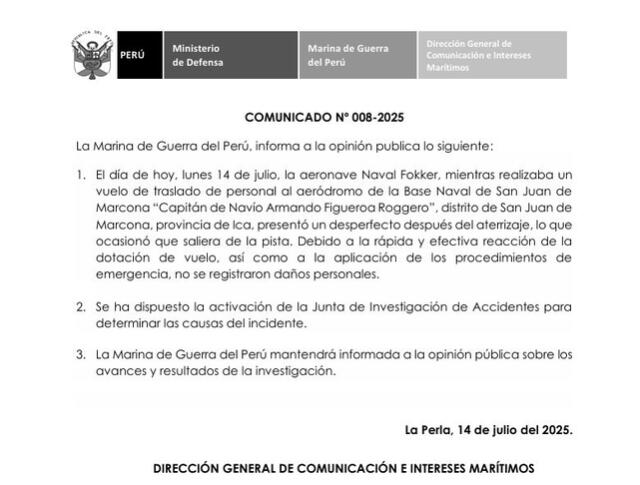 Comunicado de la Marina de Guerra del Perú tras el incidente. Foto: X Comunicado de la Marina de Guerra del Perú tras el incidente. Foto: X