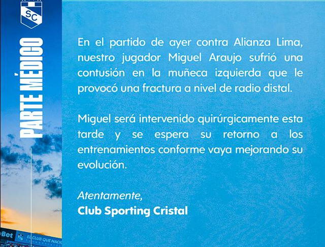 Comunicado de Sporting Cristal sobre Miguel Araujo. Foto: Sporting Cristal   