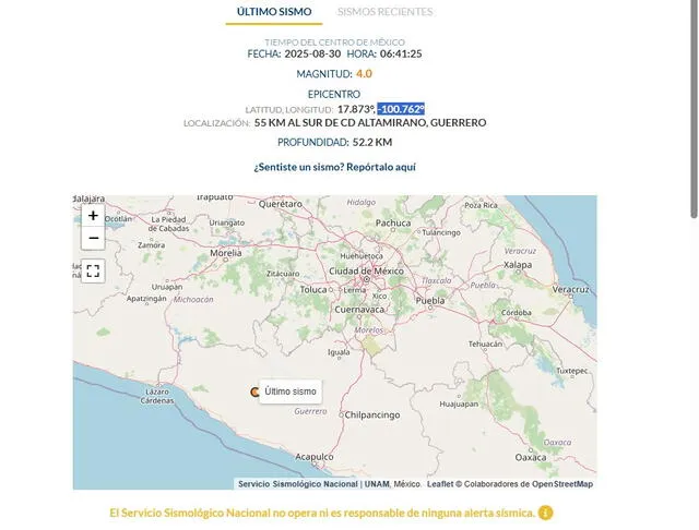 Sismo de magnitud 4.0 registrado por el Servicio Sismológico Nacional en México. Foto: SSN. Sismo de magnitud 4.0 registrado por el Servicio Sismológico Nacional en México. Foto: SSN.