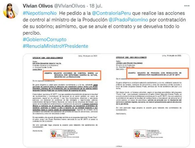 Vivian Olivos pidió a la Contraloría revisar contratación de sobrino del ministro Jorge Prado.