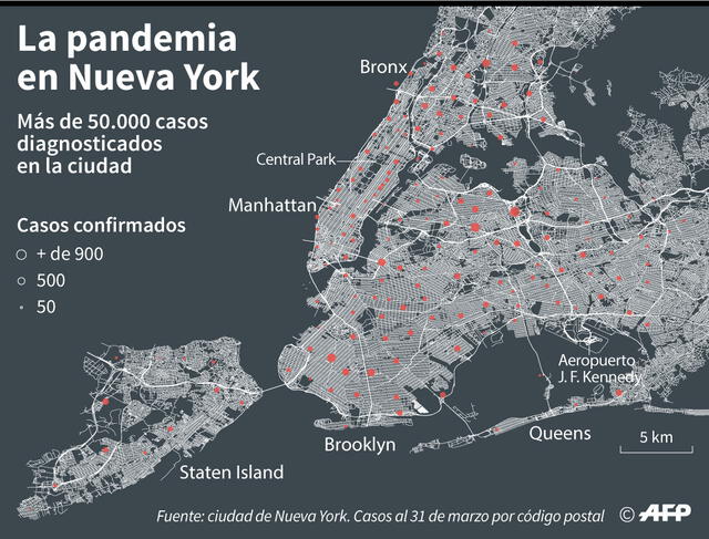 Nueva York es el foco del coronavirus en Estados Unidos. Infografía: AFP
