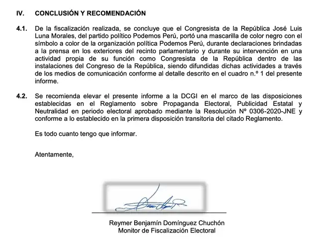 José Luna Morales habría vulnerado el principio de neutralidad. Foto: Captura informe JNE