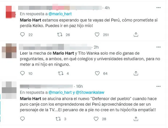 14.8.2022 | Opiniones de usuarios sobre la pelea entre  Mario Hart y Tito Wanka. Foto: captura Twitter