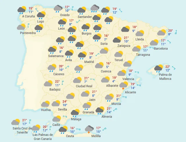 Mapa del tiempo en España hoy, domingo 12 de abril de 2020.