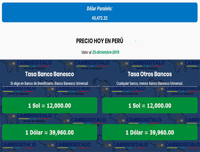 La cotización de soles, en cuanto a bolívares, para este miércoles 25 de diciembre de 2019. Foto: captura