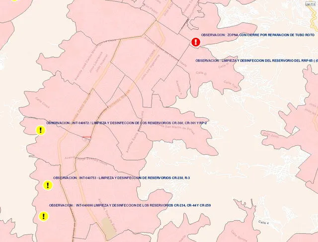 Zonas afectadas por el corte de agua potable en SJL. Foto: captura/Sedapal   