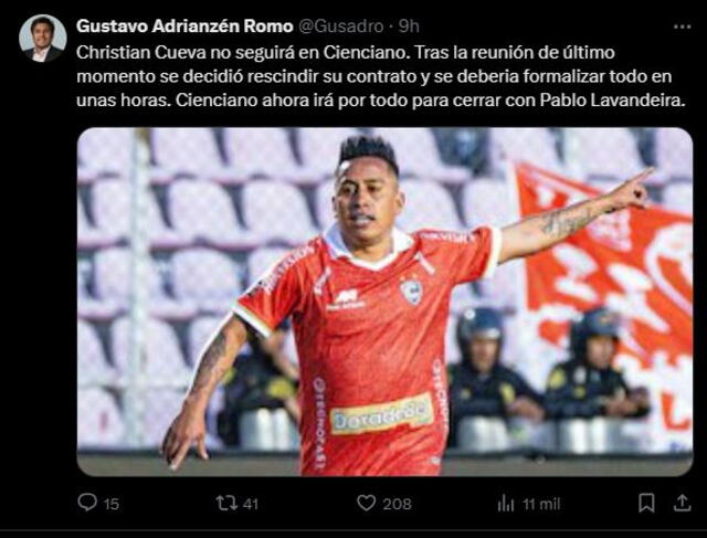 Christian Cueva se va de Cienciano. Foto: captura de X/Gustavo Adrianzén.   