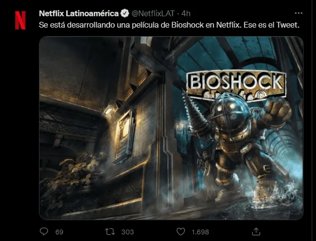 Netflix anuncia la película del videojuego Bioshock. Foto: Twitter