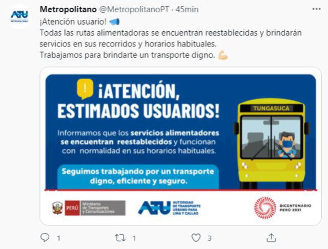 El Metropolitano informó sobre sus servicios alimentadores vía un tuit. Foto: captura de Twitter