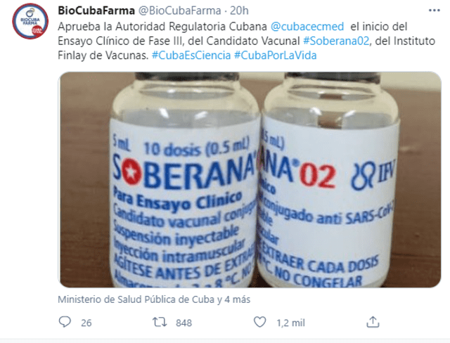 Tuit de BioCubaFarma. Foto: Captura de Twitter