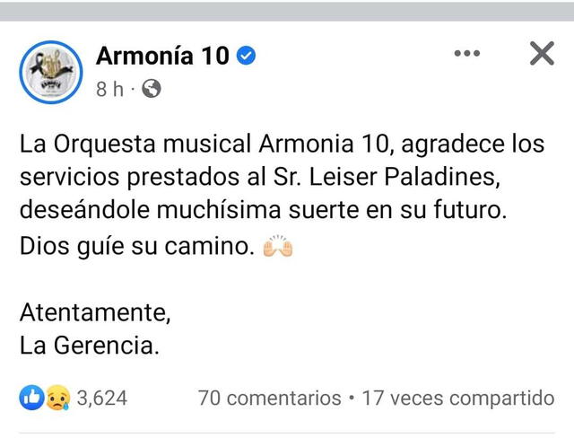 7.10.2022 | Publicación de Armonía 10 anunciando la salida de Leiser Paladines. Foto: captura Armonía 10/ Facebook