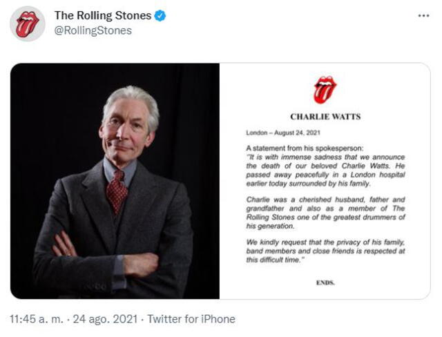 Los Rolling Stones se despiden de Charlie Watts. Foto: captura Twitter