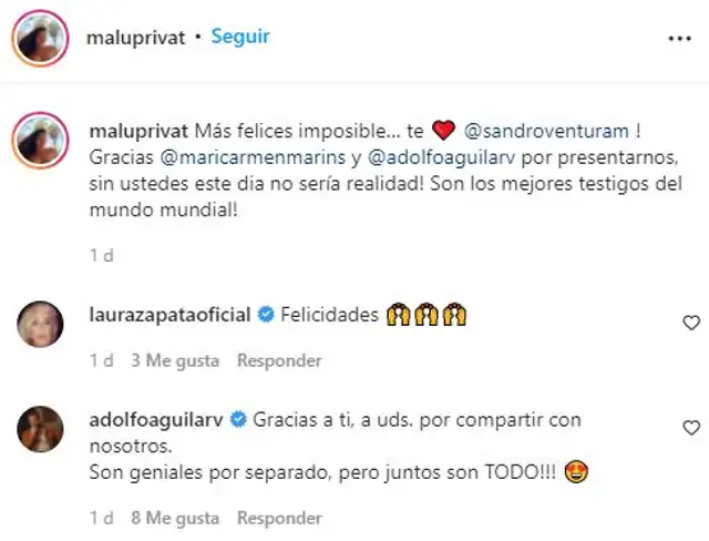Adolfo Aguilar felicita Malú Privat y Sandro Ventura. Foto: Malu Privat/Instagram Adolfo Aguilar felicita Malú Privat y Sandro Ventura. Foto: Malu Privat/Instagram