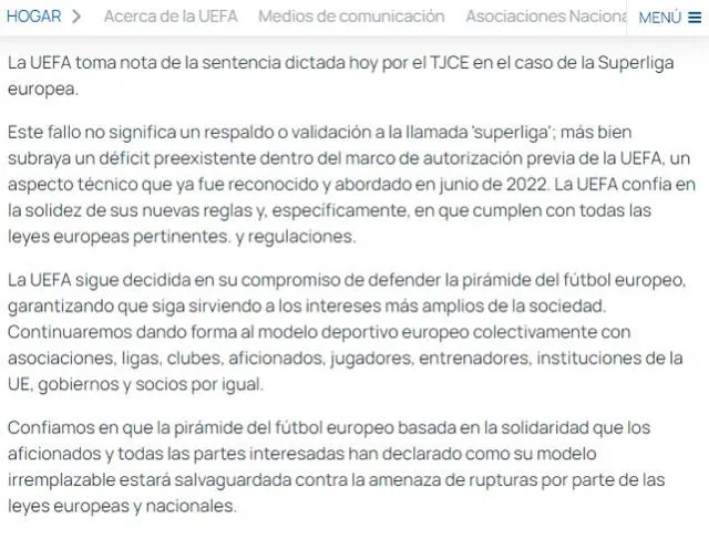 Comunicado de UEFA sobre el fallo del TJUE acerca de la Superliga. Foto: captura X   