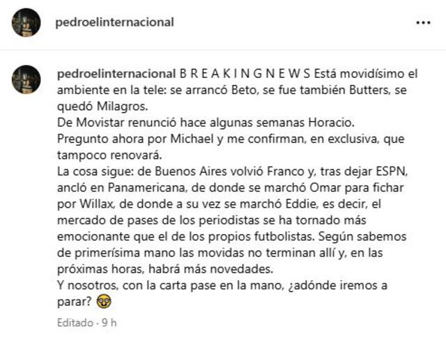  Publicación de Pedro Eloy García en sus redes sociales. Foto: Instagram   