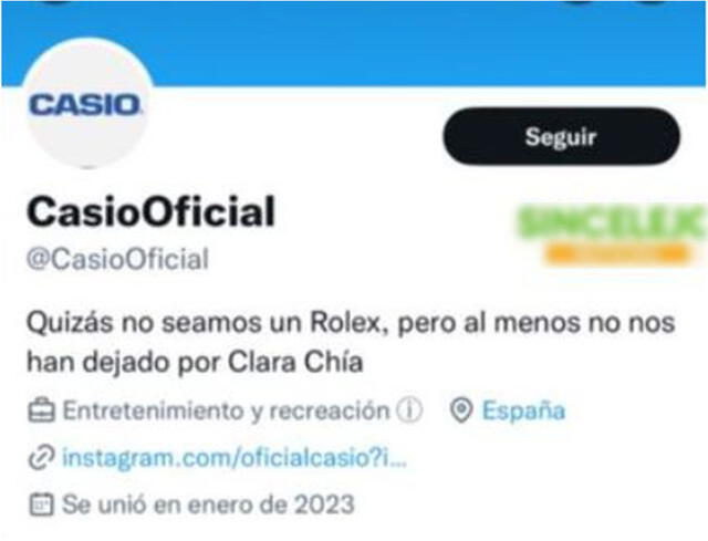 Cuenta falsa de Casio. Foto: captura en Twitter.