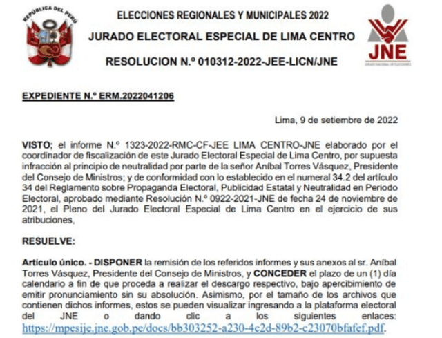 Resolución del Jurado Electoral Especial de Lima Centro.