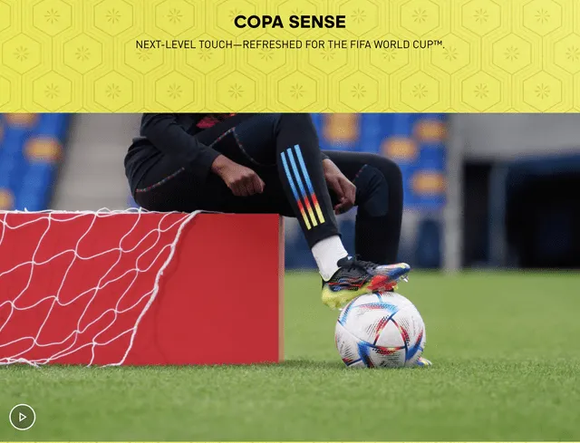 Colección Copa Sense de Adidas que incluye el balón y los chimpunes que usan los jugadores en Qatar 2022. Foto: captura LR/Adidas.