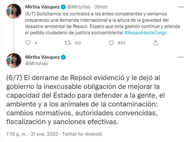Mirtha Vásquez se pronuncia tras presentar su renuncia a la PCM. Foto: captura de Twitter
