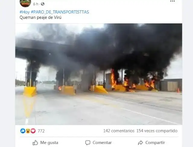 Es falso que hayan quemado peaje en Virú: foto viral es del 2016 Es falso que hayan quemado peaje en Virú: foto viral es del 2016