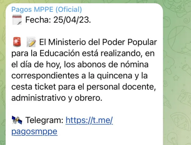  Este martes 25 se comenzó a realizar el pago de la segunda quincena de abril para docentes. Foto: Pagos MPPE (Oficial)/ Telegram   