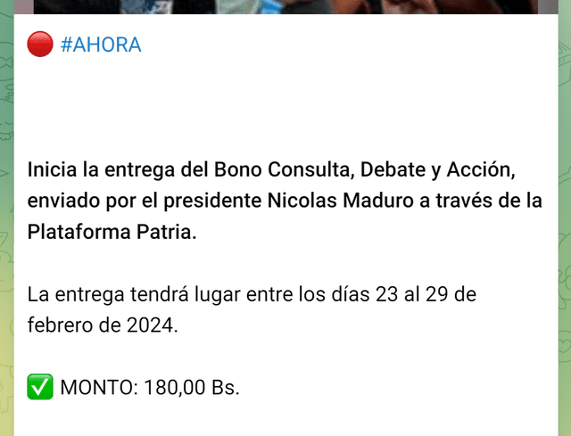 El Segundo Bono Especial de febrero llegó con el monto de 180 bolívares. Foto: Canal Patria Digital/Telegram