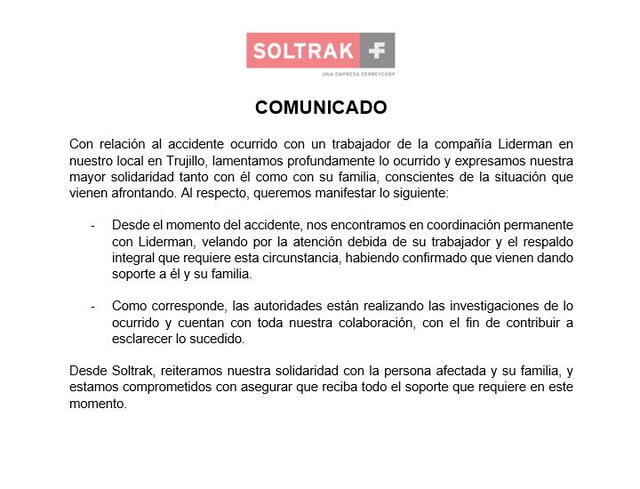  Comunicado de Soltrak. Foto: Soltrak.   