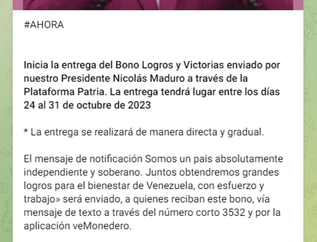 El Bono Logros y Victorias de 2023 cayó el 24 de octubre. Foto: Canal Patria Digital/ Telegram