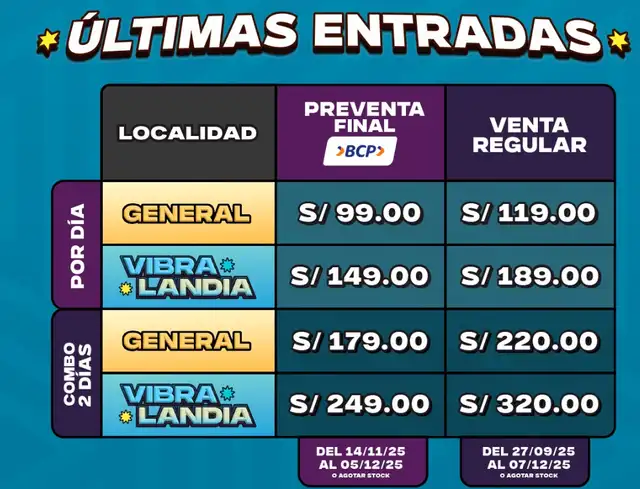 Entradas para el Vibra Perú 2025. Entradas para el Vibra Perú 2025.