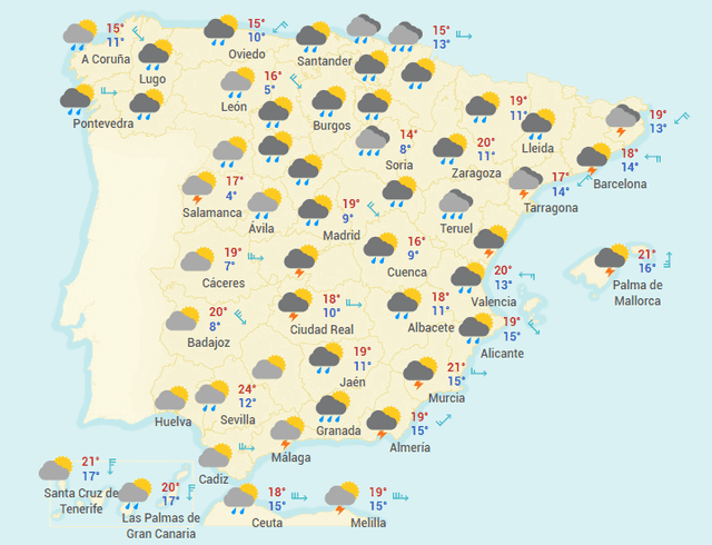 Mapa del tiempo en España hoy, domingo 19 de abril de 2020.