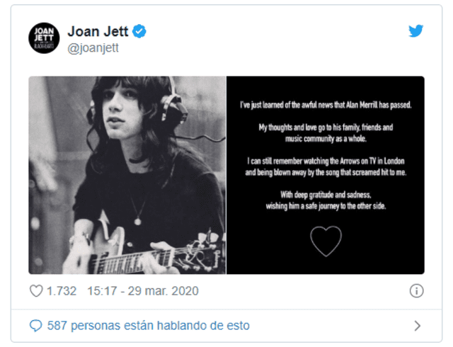Joan Jett lamenta la muerte de Alan Merrill.