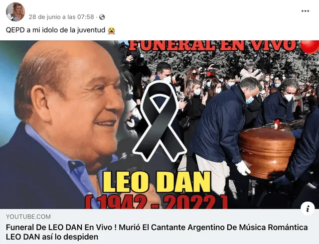Publicación sobre la supuesta muerte de Leo Dan el 28 de junio de 2022. Foto: captura LR/Facebook