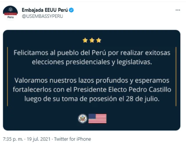 Comunicado de la Embajada de EE.UU. tras la proclamación de Pedro Castillo como presidente de la República por parte del JNE. Foto: captura Twitter
