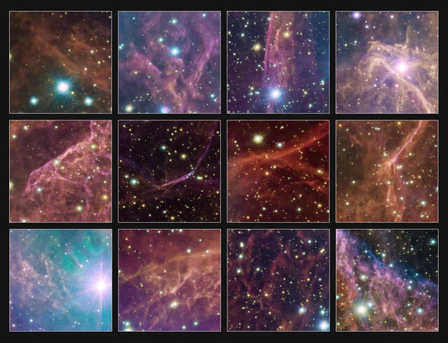 Cada una de estas 12 imágenes muestran una parte diferente de la supernova Vela XYZ. Foto: ESO / VPHAS